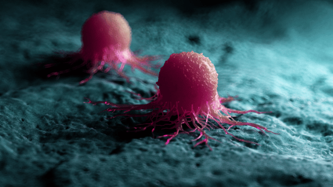 a computer-generated image of two cancer cells spreading