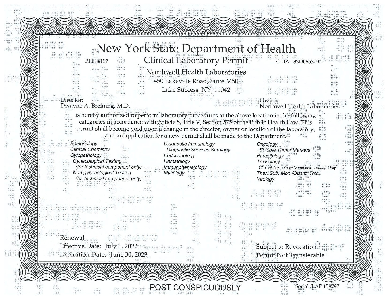 Cerba Research - Certification - Northwell Lab - Lab Permit